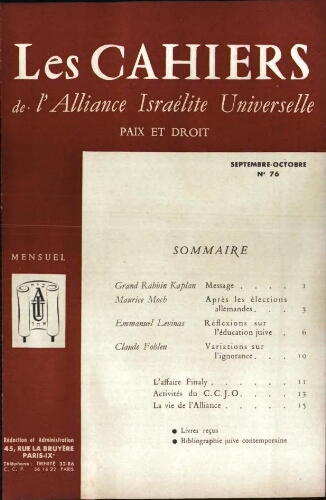 Les Cahiers de l'Alliance Israélite Universelle (Paix et Droit).  N°076 (01 sept. 1953)